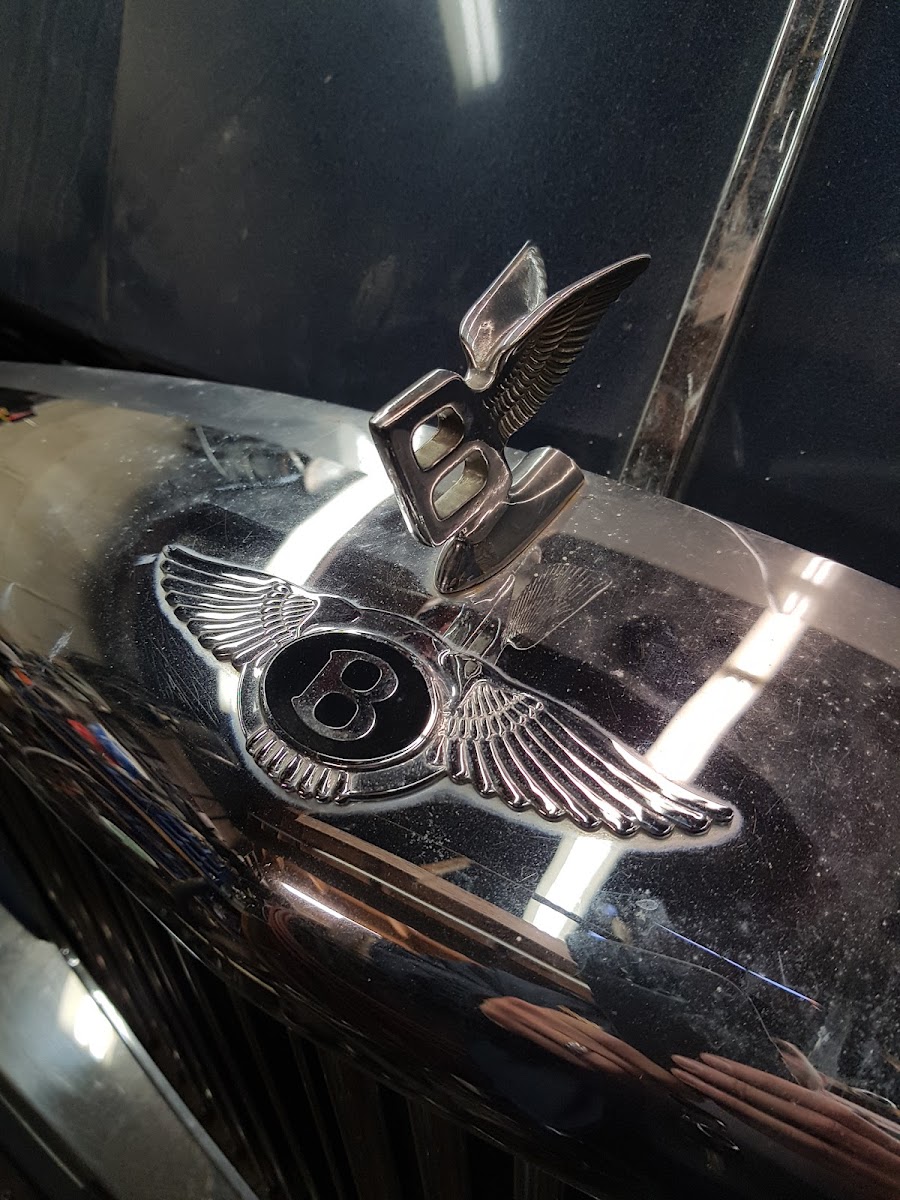 Polished Bentley grille and winged-B hood ornament in the shop